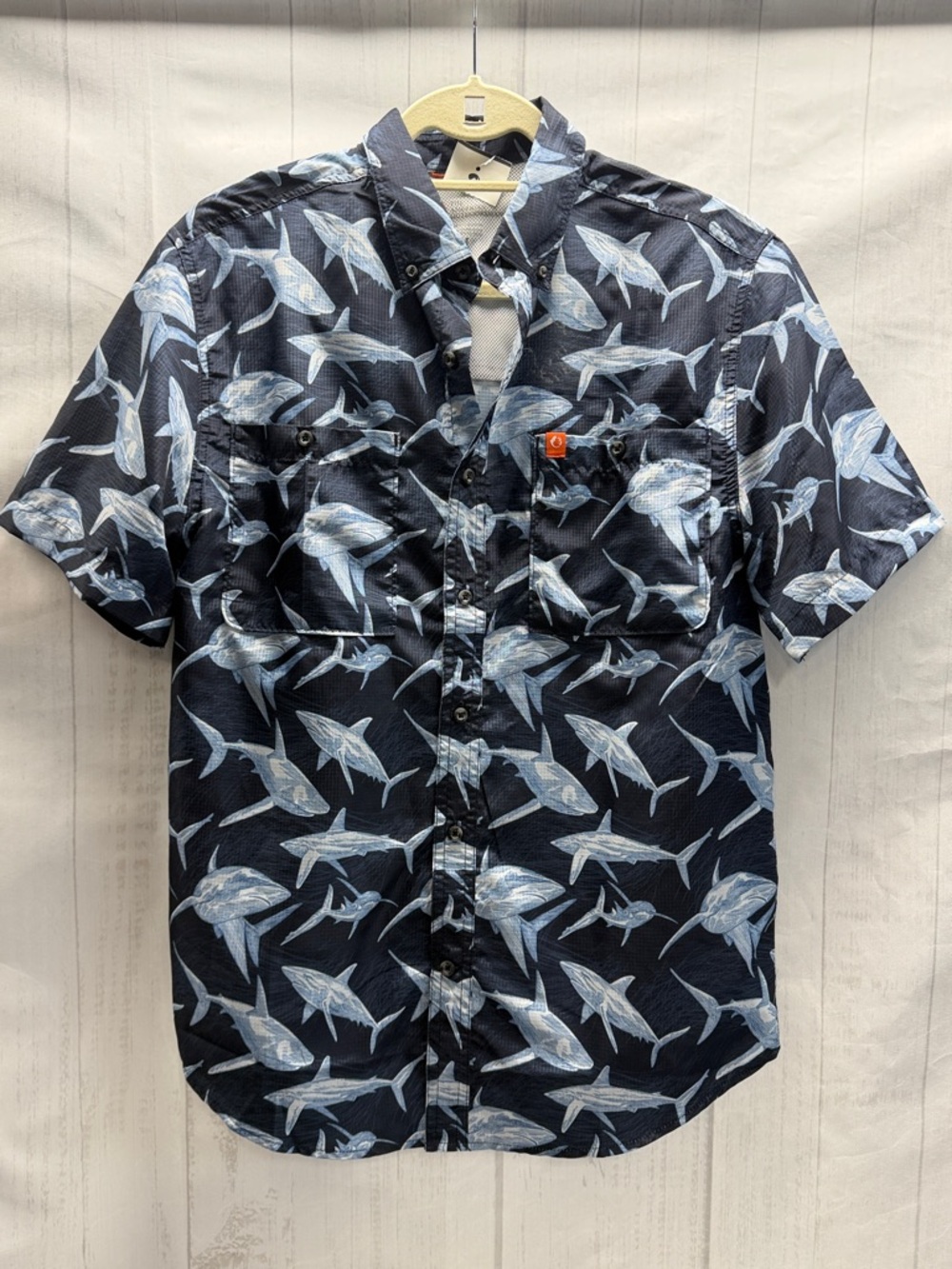 The American Outdoorsman UPF Navy Blue Shark Print Short Sleeve Button Up Shirt